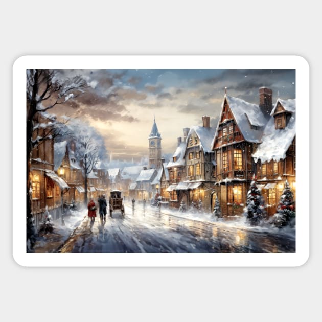 Oil Painting of a Victorian Village at Christmas - Landscape Sticker by jecphotography